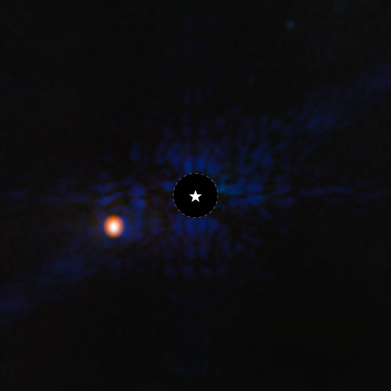 This image of the gas-giant exoplanet Epsilon Indi Ab was taken with the coronagraph on the NASA/ESA/CSA James Webb Space Telescope’s MIRI (Mid-Infrared Instrument). A star symbol marks the location of the host star Epsilon Indi A, whose light has been blocked by the coronagraph, resulting in the dark circle marked with a dashed white line. Epsilon Indi Ab is one of the coldest exoplanets ever directly imaged. Light at 10.6 microns was assigned the color blue, while light at 15.5 microns was assigned the color orange. MIRI did not resolve the planet, which is a point source. [Image description: This image shows the exoplanet Epsilon Indi Ab. Blue scale-like features are visible in the background, with the host star’s light being blocked by a black circle in the centre of the image (indicated by a dashed-line and white star visual overlaid on the image). The exoplanet is visible on the left as a bright orange circle.]